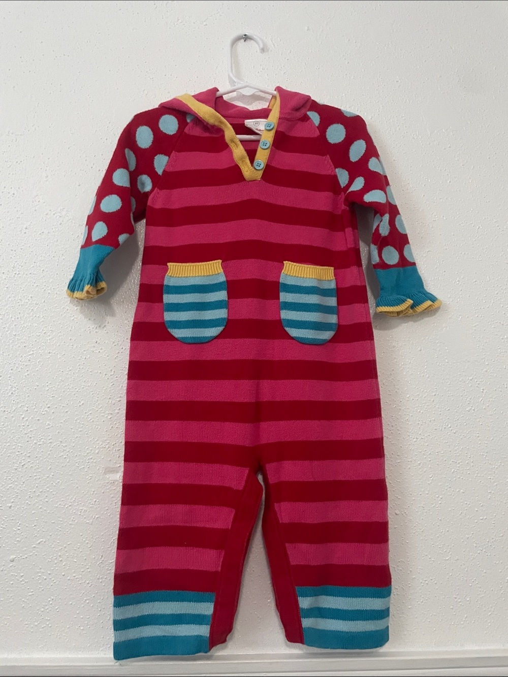 Hanna Andersson Pink & Red Striped Hooded Footie with Teal Accents